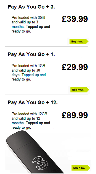Three Mobile broadband Dongle Deals PAYG