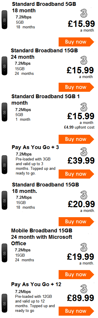 Standard Mobile broadband packages from Three