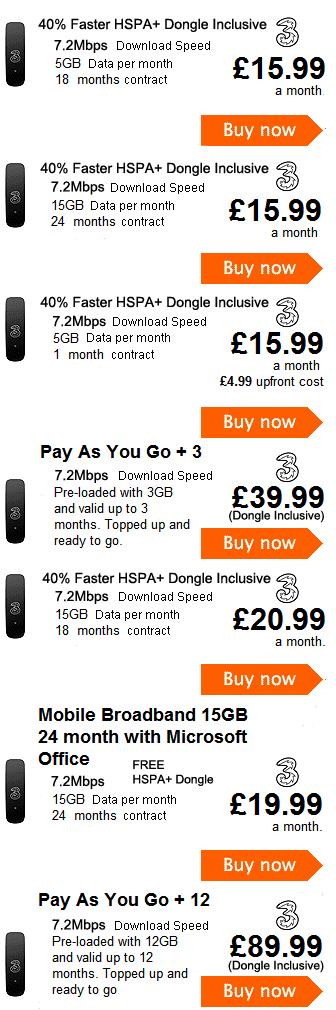 Standard Mobile broadband packages from Three