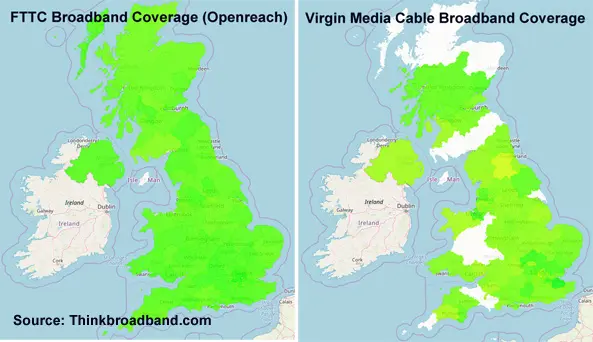 FTTC UK fibre broadband and Virgin Media cable broadband coverage